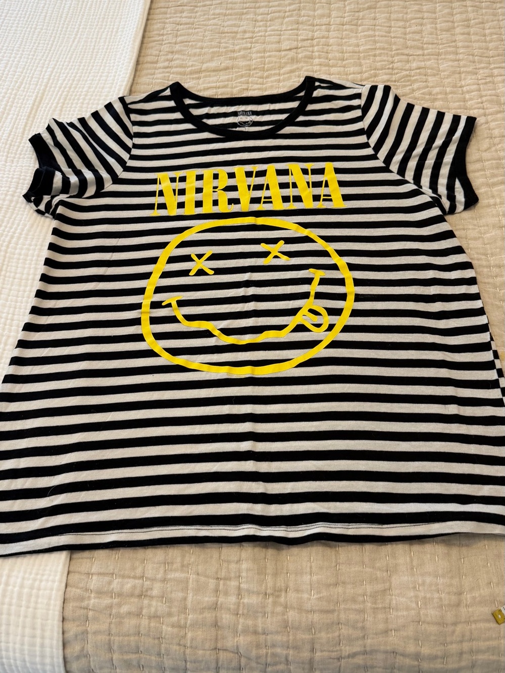 Torrid size 1 NIRVANA Black & White Striped Tee with Yellow Smiley Logo NWOT!